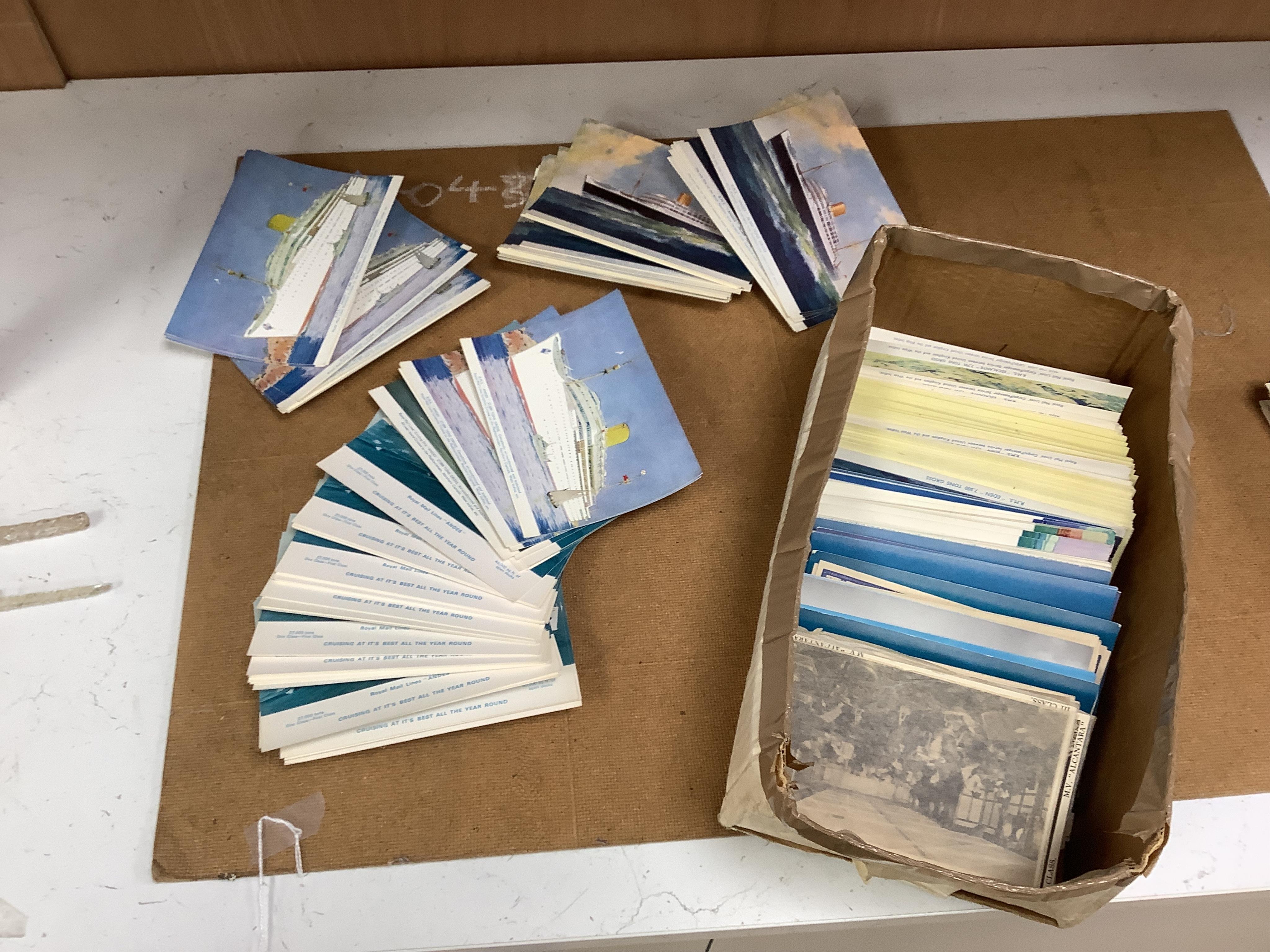 A box and two folders of postcards and a few cigarette cards, mainly relating to the Royal Mail Steam Packet Company and Royal Mail Lines Ltd., including a good quantity of 1930s and later postcards of cruise ships, many